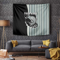 Striped Bass Jumping Graphic Tapestry Rod Reel and Airplane on Fish Scale Pattern - Wonder Print Shop