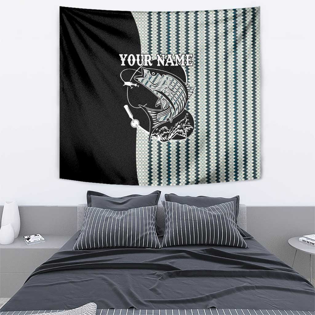 Striped Bass Jumping Graphic Tapestry Rod Reel and Airplane on Fish Scale Pattern - Wonder Print Shop