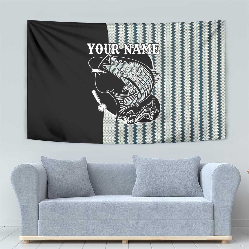 Striped Bass Jumping Graphic Tapestry Rod Reel and Airplane on Fish Scale Pattern - Wonder Print Shop