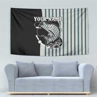 Striped Bass Jumping Graphic Tapestry Rod Reel and Airplane on Fish Scale Pattern - Wonder Print Shop