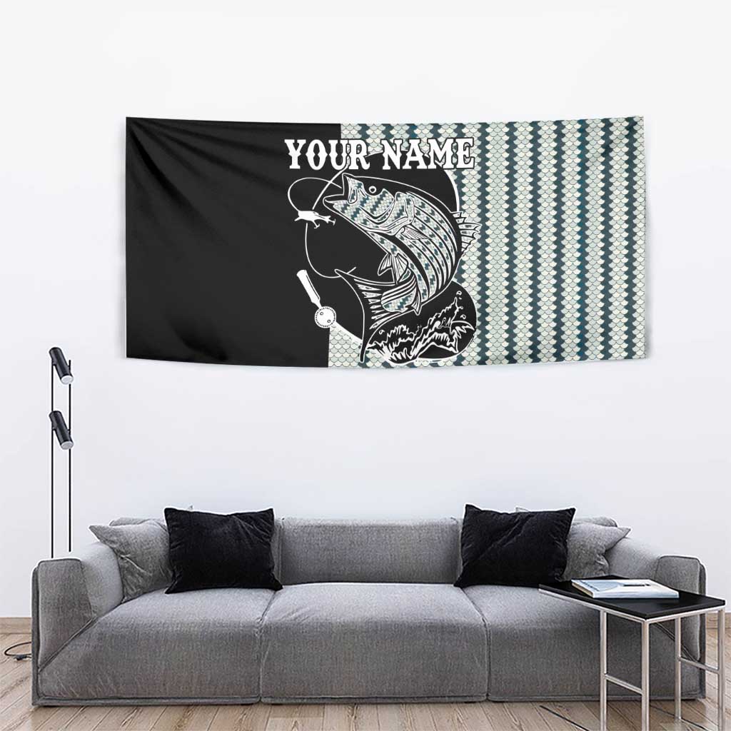 Striped Bass Jumping Graphic Tapestry Rod Reel and Airplane on Fish Scale Pattern - Wonder Print Shop