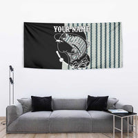 Striped Bass Jumping Graphic Tapestry Rod Reel and Airplane on Fish Scale Pattern - Wonder Print Shop