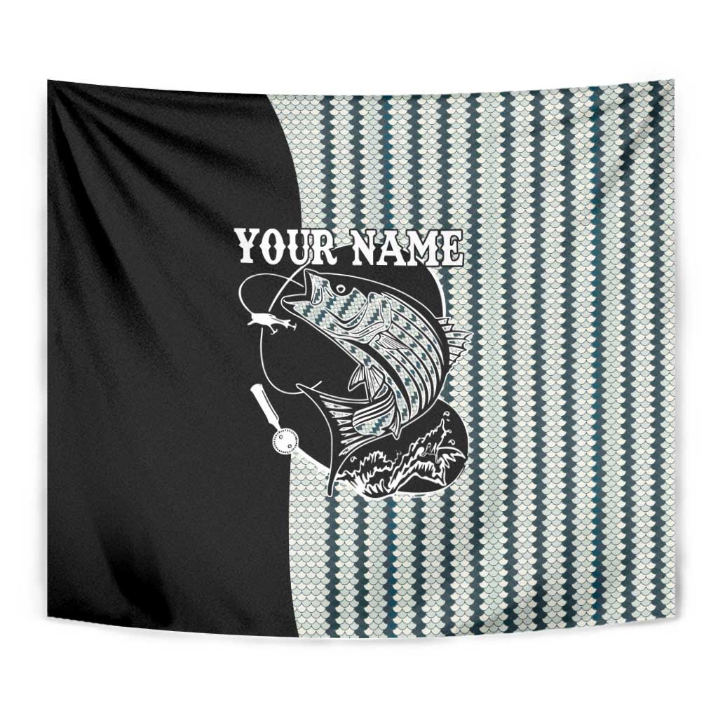 Striped Bass Jumping Graphic Tapestry Rod Reel and Airplane on Fish Scale Pattern - Wonder Print Shop