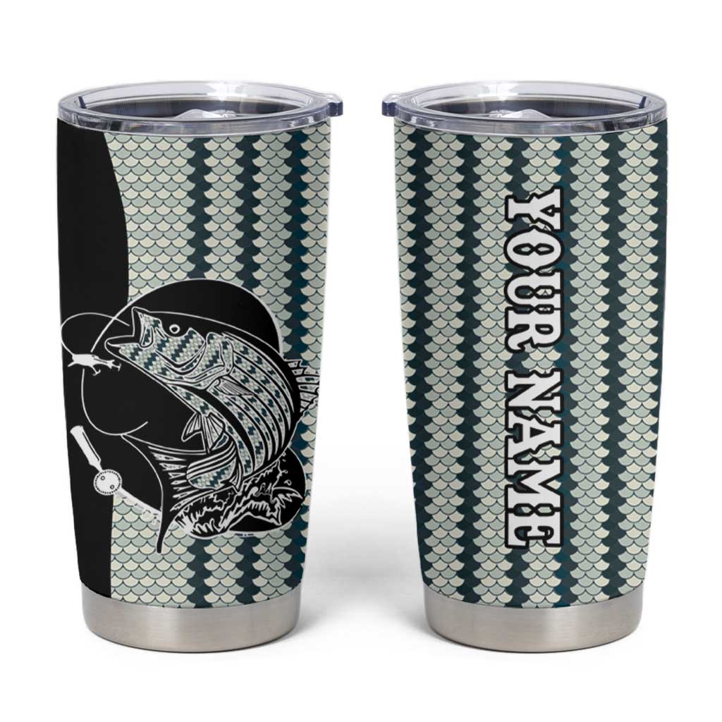 Striped Bass Jumping Graphic Tumbler Cup Rod Reel and Airplane on Fish Scale Pattern - Wonder Print Shop