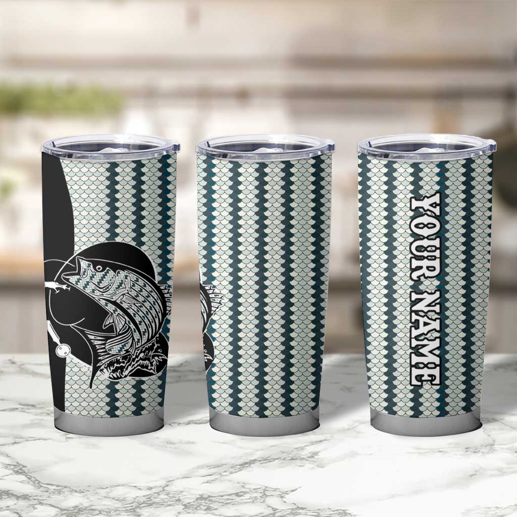 Striped Bass Jumping Graphic Tumbler Cup Rod Reel and Airplane on Fish Scale Pattern - Wonder Print Shop