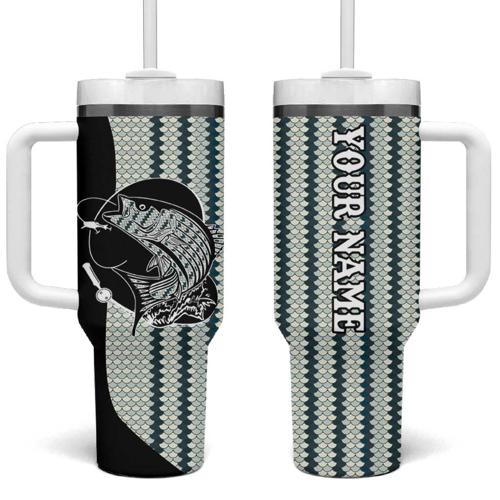 Striped Bass Jumping Graphic Tumbler With Handle Rod Reel and Airplane on Fish Scale Pattern - Wonder Print Shop