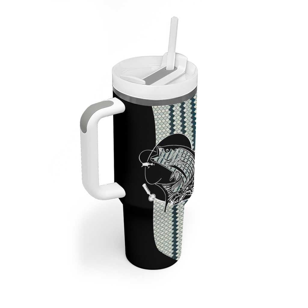 Striped Bass Jumping Graphic Tumbler With Handle Rod Reel and Airplane on Fish Scale Pattern - Wonder Print Shop