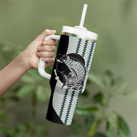 Striped Bass Jumping Graphic Tumbler With Handle Rod Reel and Airplane on Fish Scale Pattern - Wonder Print Shop