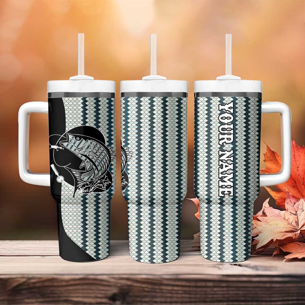 Striped Bass Jumping Graphic Tumbler With Handle Rod Reel and Airplane on Fish Scale Pattern - Wonder Print Shop