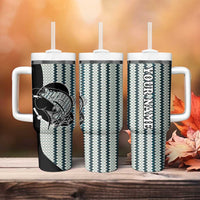 Striped Bass Jumping Graphic Tumbler With Handle Rod Reel and Airplane on Fish Scale Pattern - Wonder Print Shop