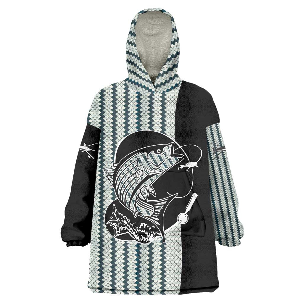 Striped Bass Jumping Graphic Wearable Blanket Hoodie Rod Reel and Airplane on Fish Scale Pattern - Wonder Print Shop