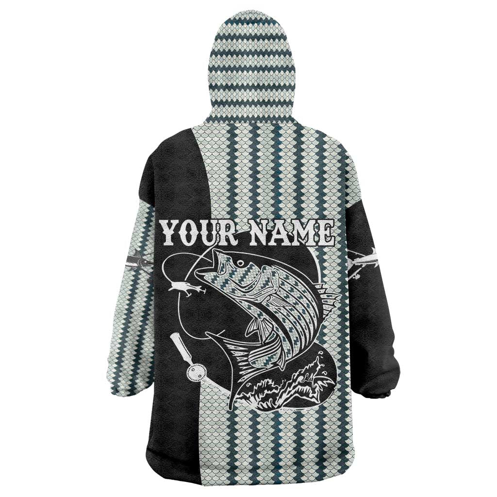 Striped Bass Jumping Graphic Wearable Blanket Hoodie Rod Reel and Airplane on Fish Scale Pattern - Wonder Print Shop