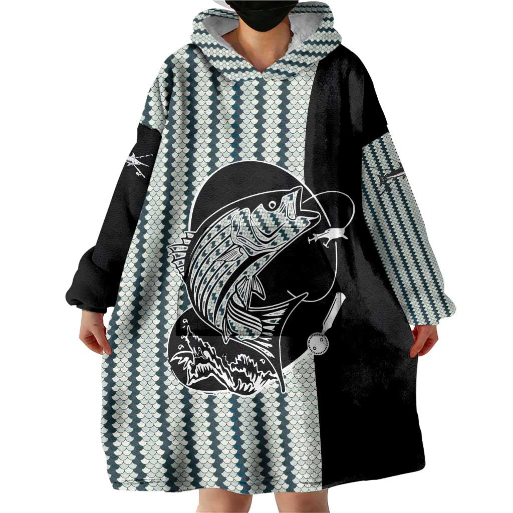 Striped Bass Jumping Graphic Wearable Blanket Hoodie Rod Reel and Airplane on Fish Scale Pattern - Wonder Print Shop