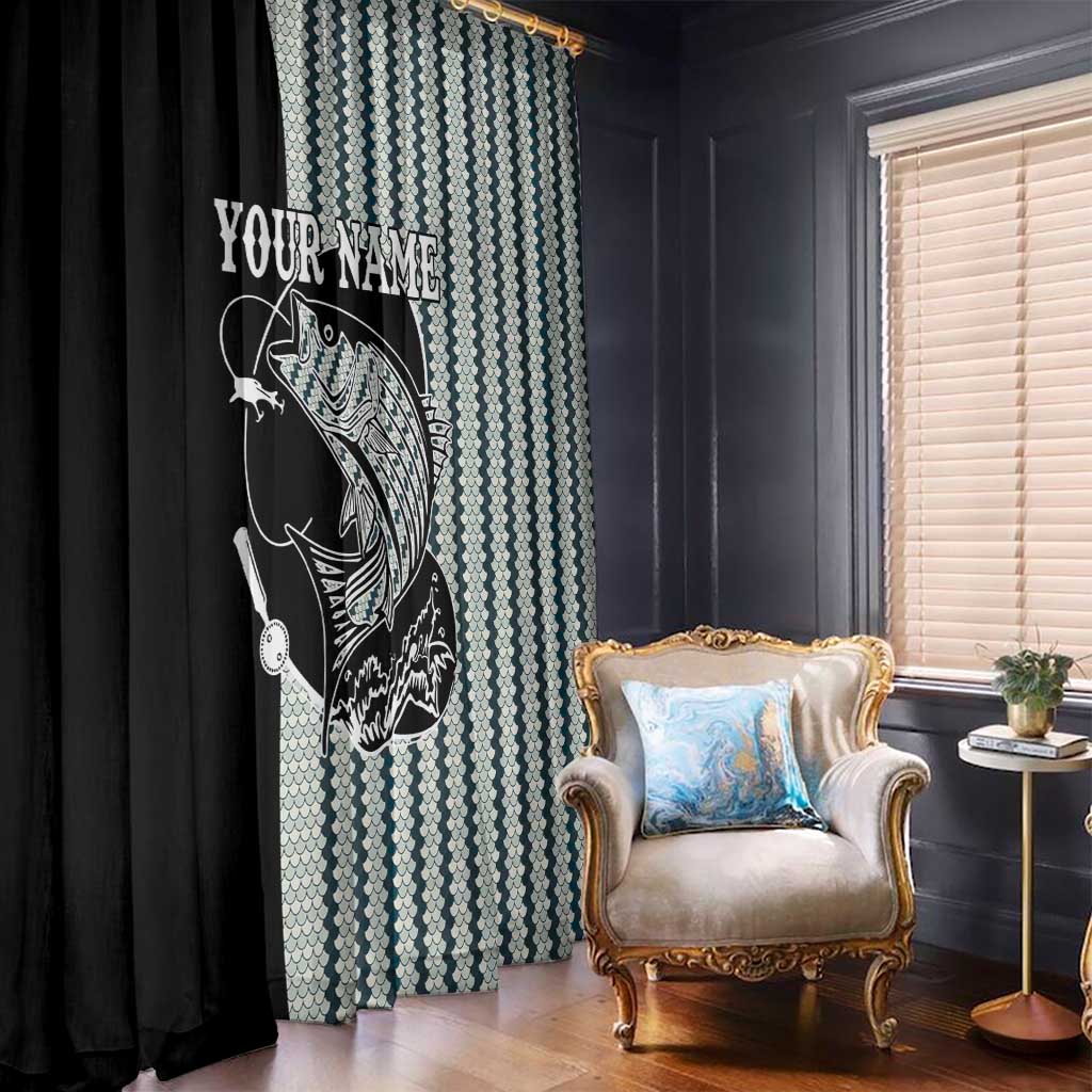 Striped Bass Jumping Graphic Window Curtain Rod Reel and Airplane on Fish Scale Pattern - Wonder Print Shop