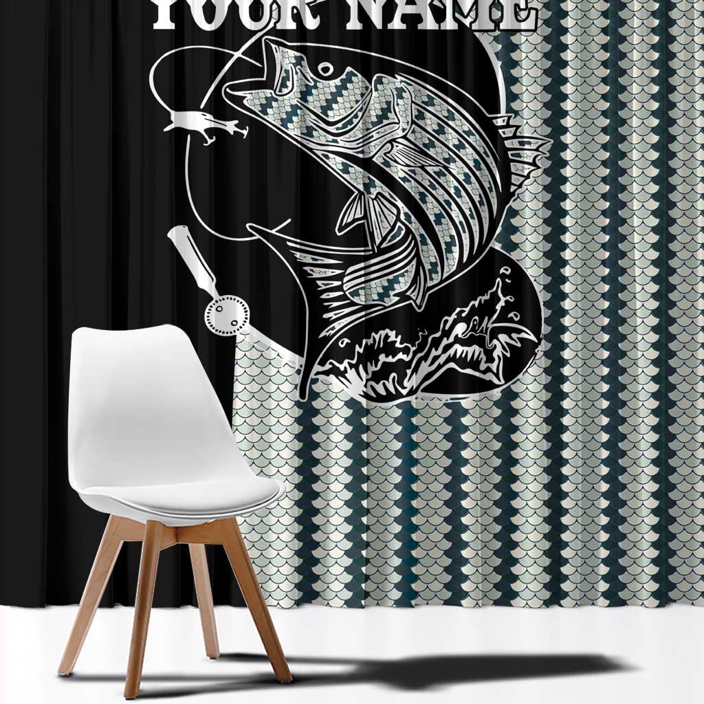 Striped Bass Jumping Graphic Window Curtain Rod Reel and Airplane on Fish Scale Pattern - Wonder Print Shop