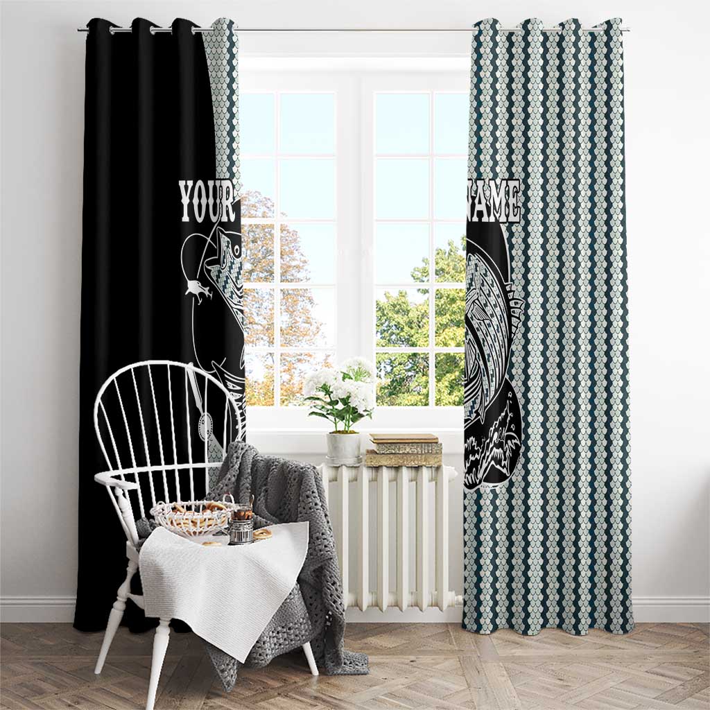 Striped Bass Jumping Graphic Window Curtain Rod Reel and Airplane on Fish Scale Pattern - Wonder Print Shop