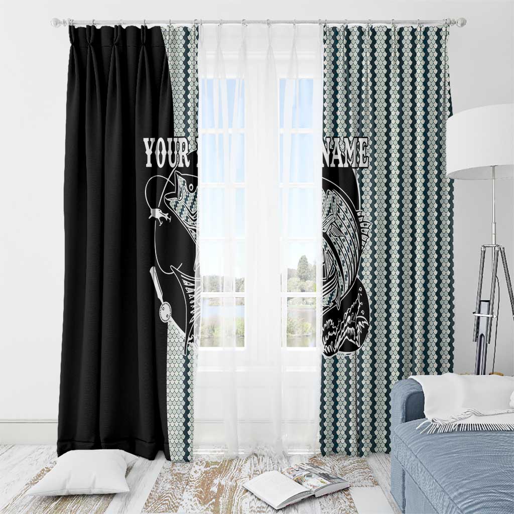 Striped Bass Jumping Graphic Window Curtain Rod Reel and Airplane on Fish Scale Pattern - Wonder Print Shop