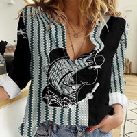 Striped Bass Jumping Graphic Women Casual Shirt Rod Reel and Airplane on Fish Scale Pattern - Wonder Print Shop