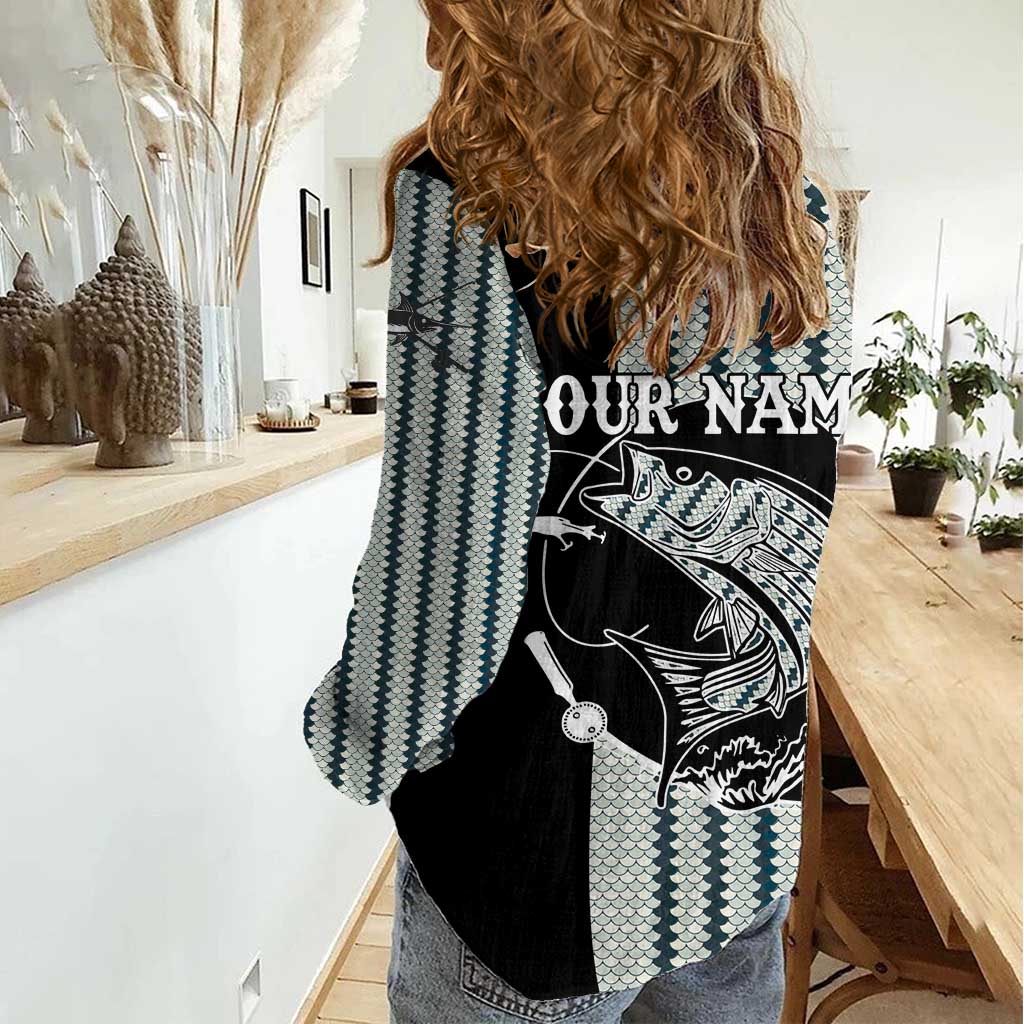 Striped Bass Jumping Graphic Women Casual Shirt Rod Reel and Airplane on Fish Scale Pattern - Wonder Print Shop