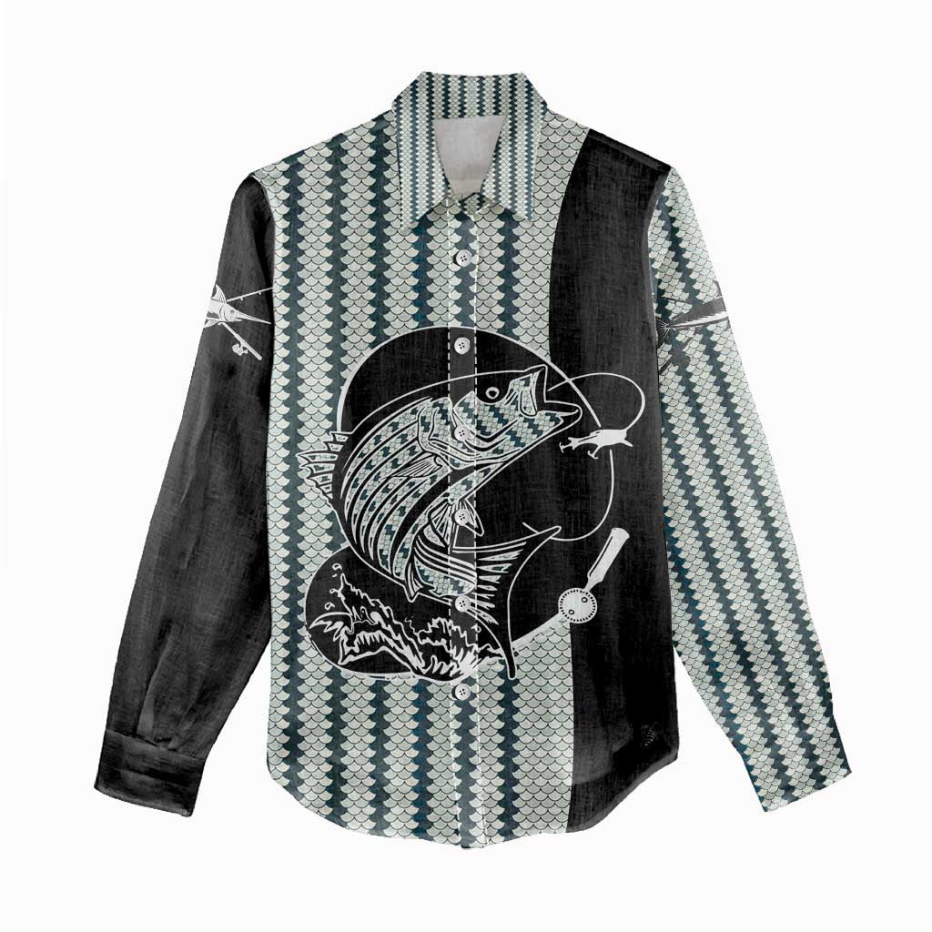 Striped Bass Jumping Graphic Women Casual Shirt Rod Reel and Airplane on Fish Scale Pattern - Wonder Print Shop