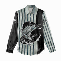 Striped Bass Jumping Graphic Women Casual Shirt Rod Reel and Airplane on Fish Scale Pattern - Wonder Print Shop