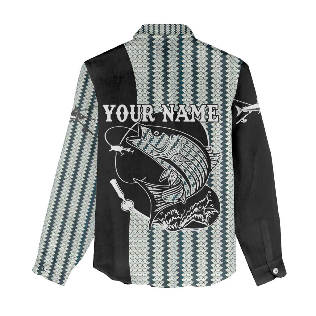 Striped Bass Jumping Graphic Women Casual Shirt Rod Reel and Airplane on Fish Scale Pattern - Wonder Print Shop