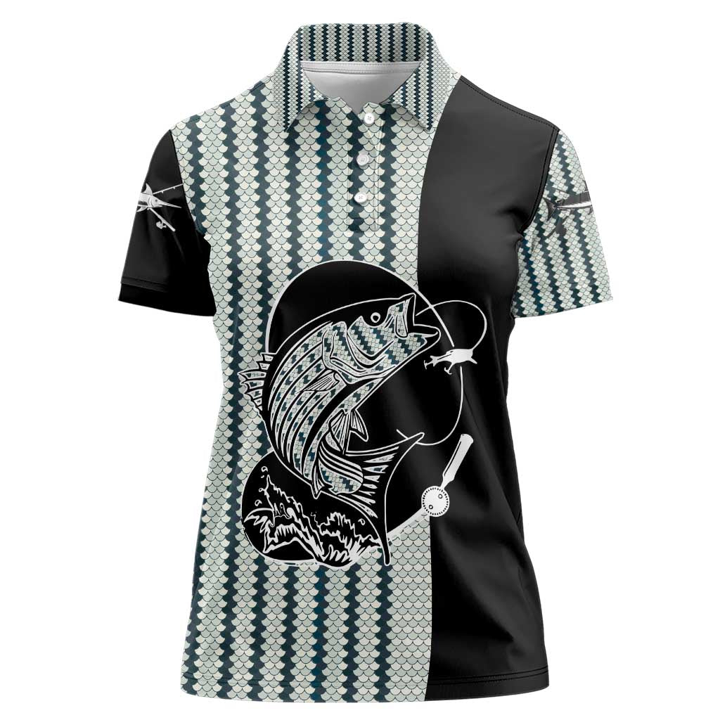 Striped Bass Jumping Graphic Women Polo Shirt Rod Reel and Airplane on Fish Scale Pattern - Wonder Print Shop