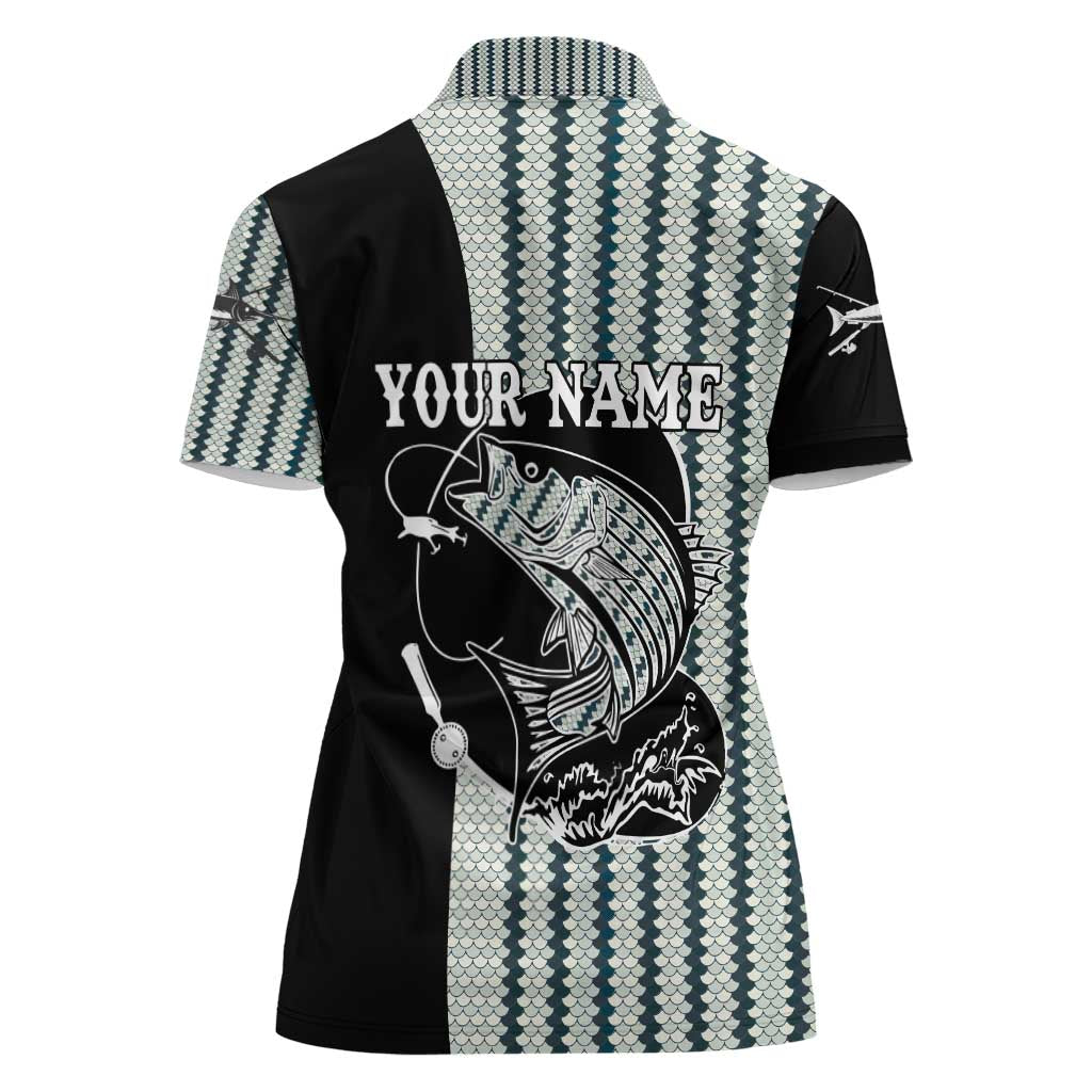 Striped Bass Jumping Graphic Women Polo Shirt Rod Reel and Airplane on Fish Scale Pattern - Wonder Print Shop
