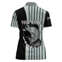 Striped Bass Jumping Graphic Women Polo Shirt Rod Reel and Airplane on Fish Scale Pattern - Wonder Print Shop