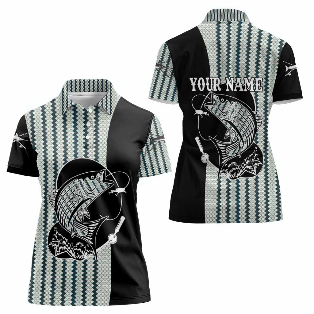 Striped Bass Jumping Graphic Women Polo Shirt Rod Reel and Airplane on Fish Scale Pattern - Wonder Print Shop