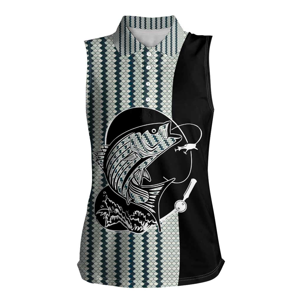 Striped Bass Jumping Graphic Women Sleeveless Polo Shirt Rod Reel and Airplane on Fish Scale Pattern - Wonder Print Shop