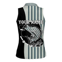 Striped Bass Jumping Graphic Women Sleeveless Polo Shirt Rod Reel and Airplane on Fish Scale Pattern - Wonder Print Shop