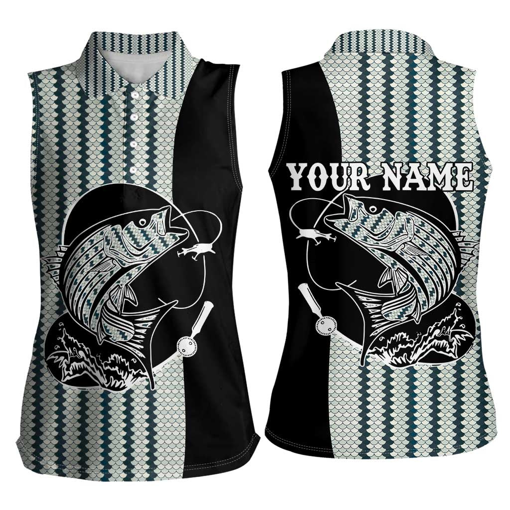Striped Bass Jumping Graphic Women Sleeveless Polo Shirt Rod Reel and Airplane on Fish Scale Pattern - Wonder Print Shop