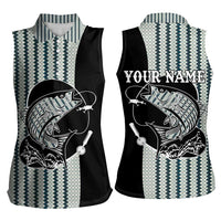 Striped Bass Jumping Graphic Women Sleeveless Polo Shirt Rod Reel and Airplane on Fish Scale Pattern - Wonder Print Shop