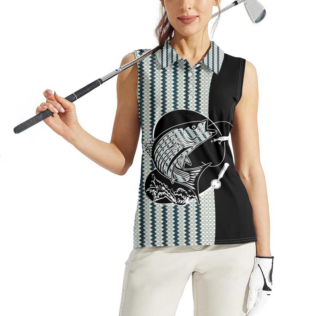 Striped Bass Jumping Graphic Women Sleeveless Polo Shirt Rod Reel and Airplane on Fish Scale Pattern - Wonder Print Shop