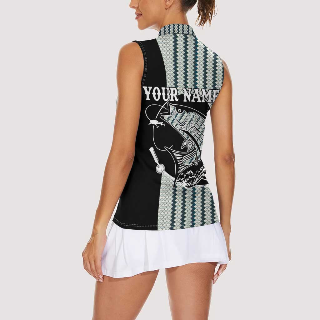Striped Bass Jumping Graphic Women Sleeveless Polo Shirt Rod Reel and Airplane on Fish Scale Pattern - Wonder Print Shop