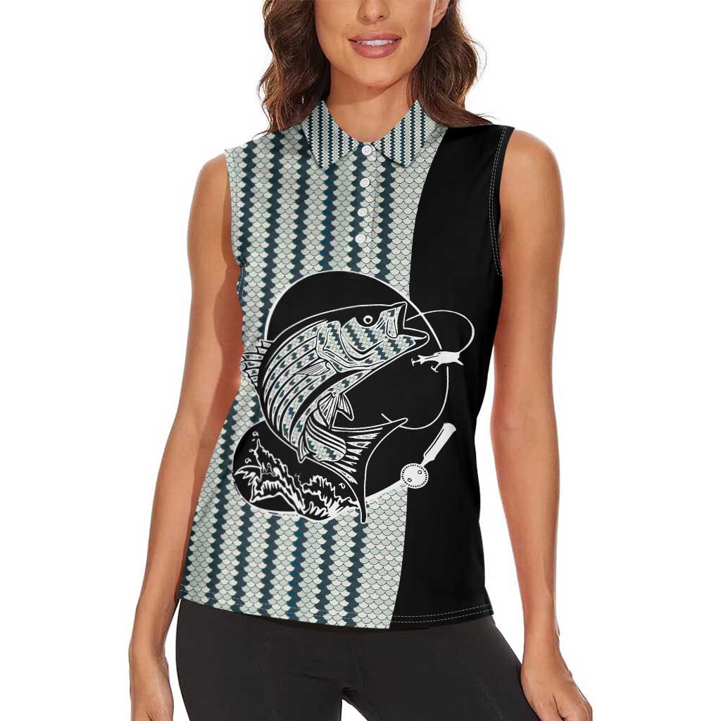Striped Bass Jumping Graphic Women Sleeveless Polo Shirt Rod Reel and Airplane on Fish Scale Pattern - Wonder Print Shop