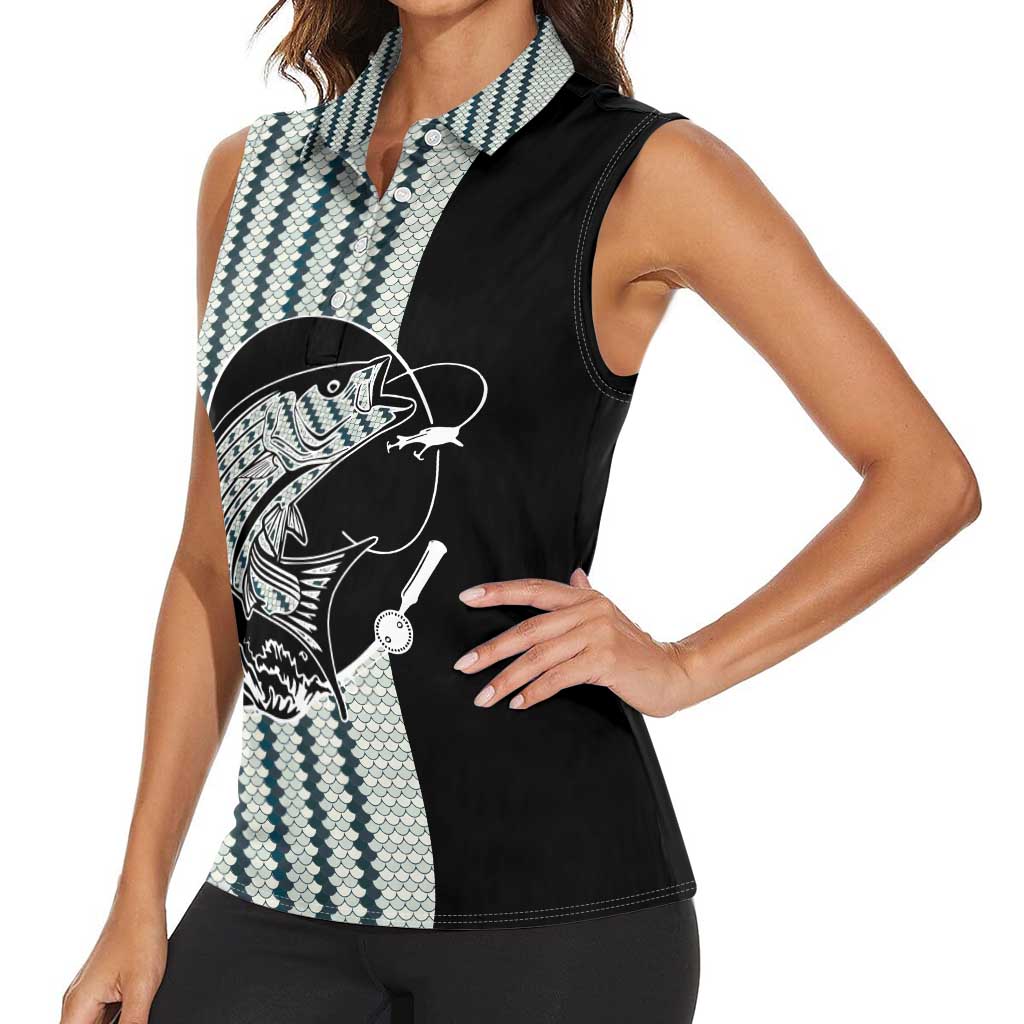 Striped Bass Jumping Graphic Women Sleeveless Polo Shirt Rod Reel and Airplane on Fish Scale Pattern - Wonder Print Shop