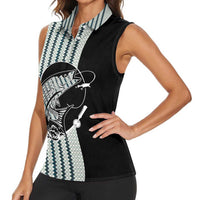 Striped Bass Jumping Graphic Women Sleeveless Polo Shirt Rod Reel and Airplane on Fish Scale Pattern - Wonder Print Shop