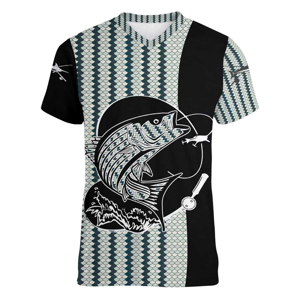 Striped Bass Jumping Graphic Women V-Neck T-Shirt Rod Reel and Airplane on Fish Scale Pattern - Wonder Print Shop