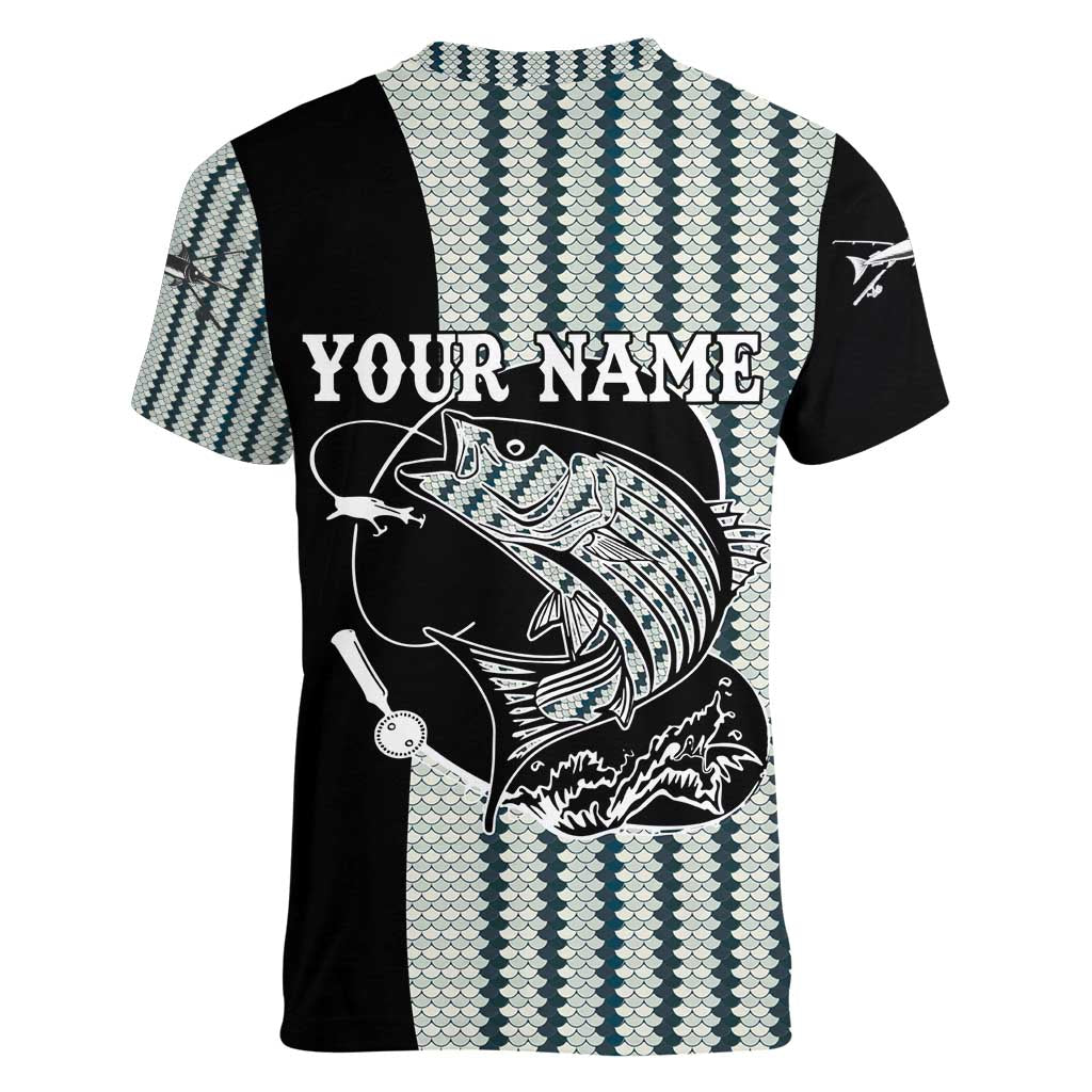 Striped Bass Jumping Graphic Women V-Neck T-Shirt Rod Reel and Airplane on Fish Scale Pattern - Wonder Print Shop