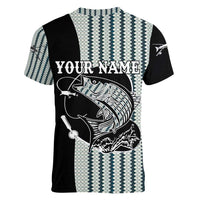 Striped Bass Jumping Graphic Women V-Neck T-Shirt Rod Reel and Airplane on Fish Scale Pattern - Wonder Print Shop