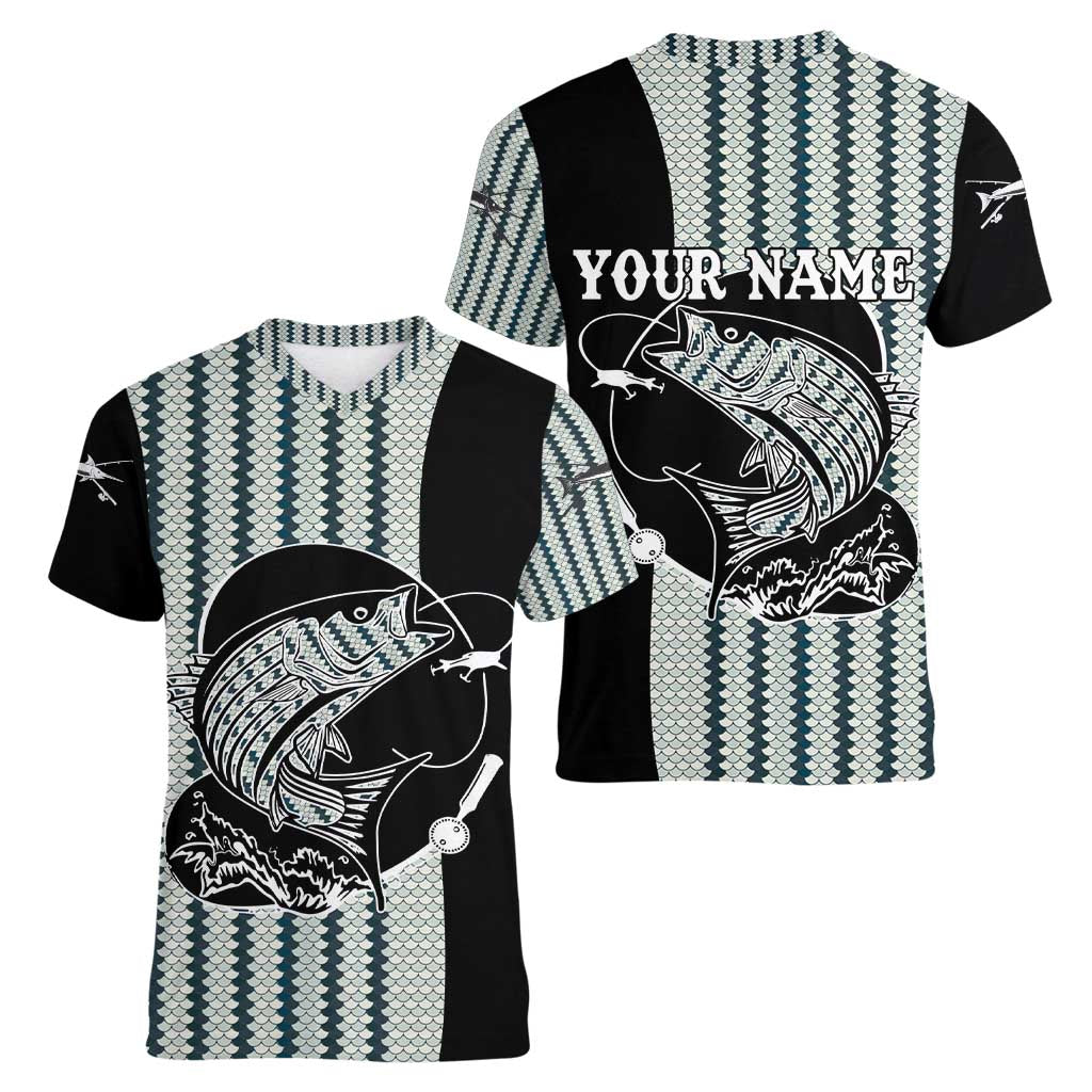 Striped Bass Jumping Graphic Women V-Neck T-Shirt Rod Reel and Airplane on Fish Scale Pattern - Wonder Print Shop