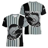 Striped Bass Jumping Graphic Women V-Neck T-Shirt Rod Reel and Airplane on Fish Scale Pattern - Wonder Print Shop