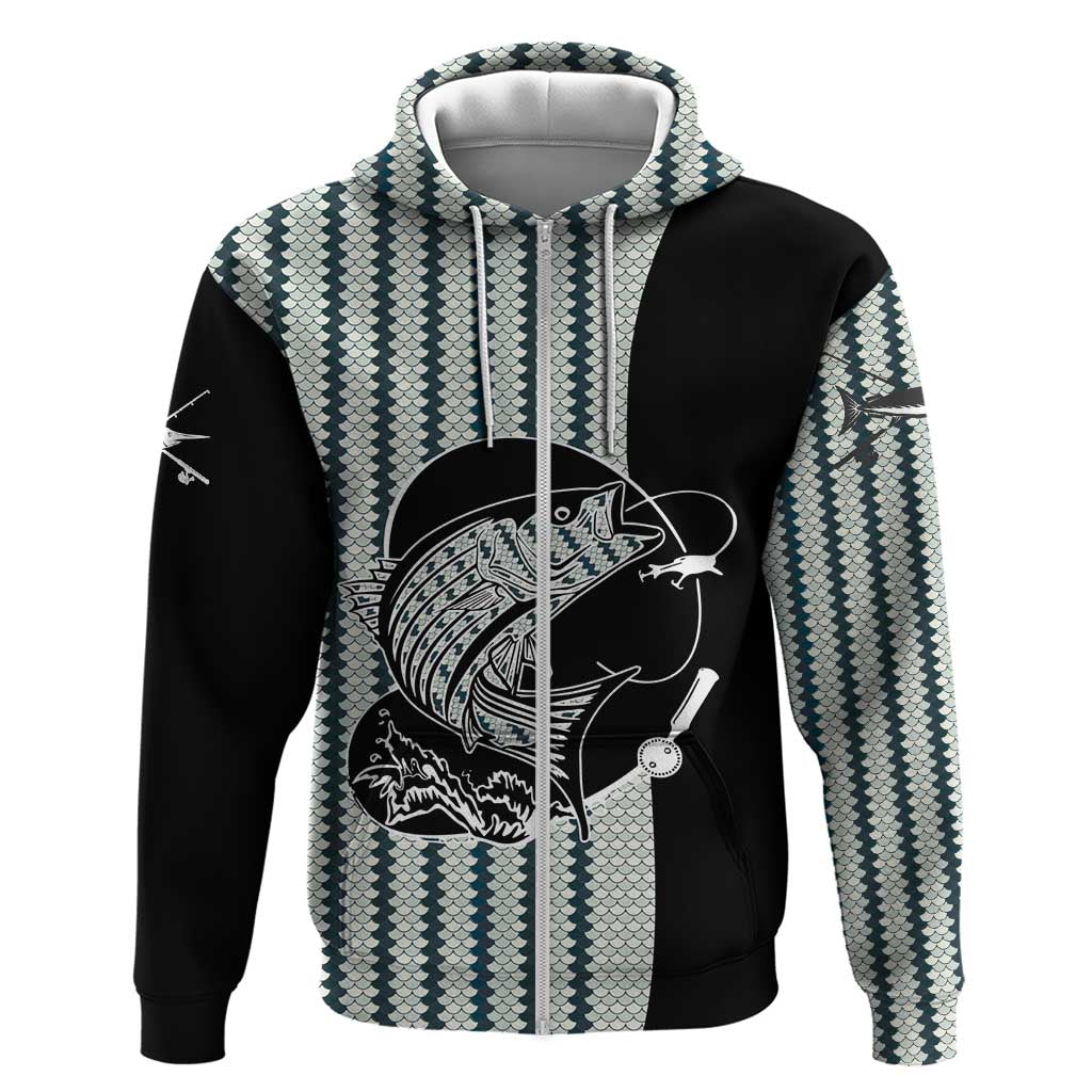 Striped Bass Jumping Graphic Zip Hoodie Rod Reel and Airplane on Fish Scale Pattern - Wonder Print Shop