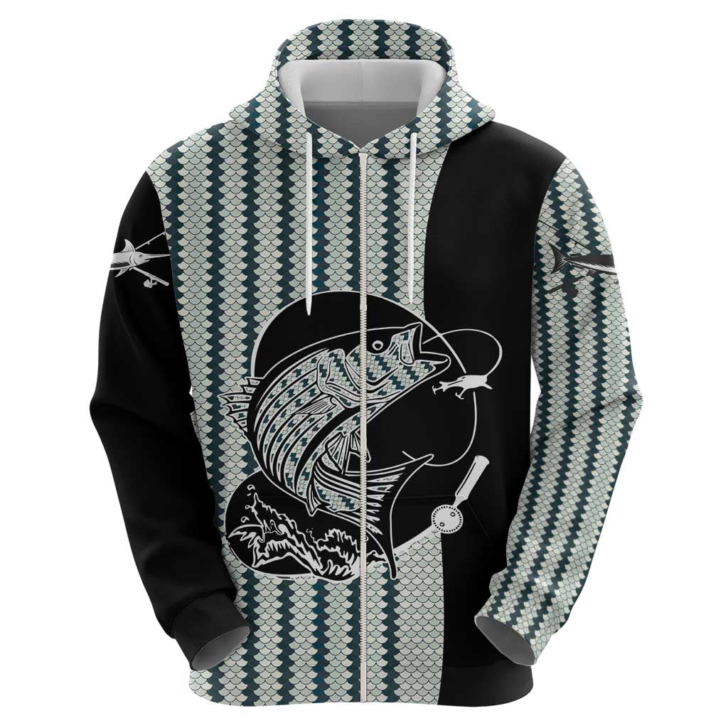Striped Bass Jumping Graphic Zip Hoodie Rod Reel and Airplane on Fish Scale Pattern - Wonder Print Shop