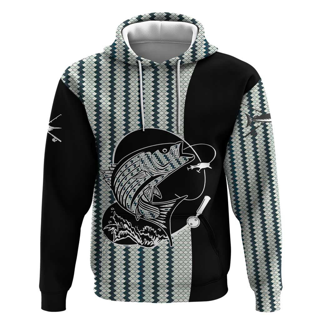 Striped Bass Jumping Graphic Zip Hoodie Rod Reel and Airplane on Fish Scale Pattern - Wonder Print Shop