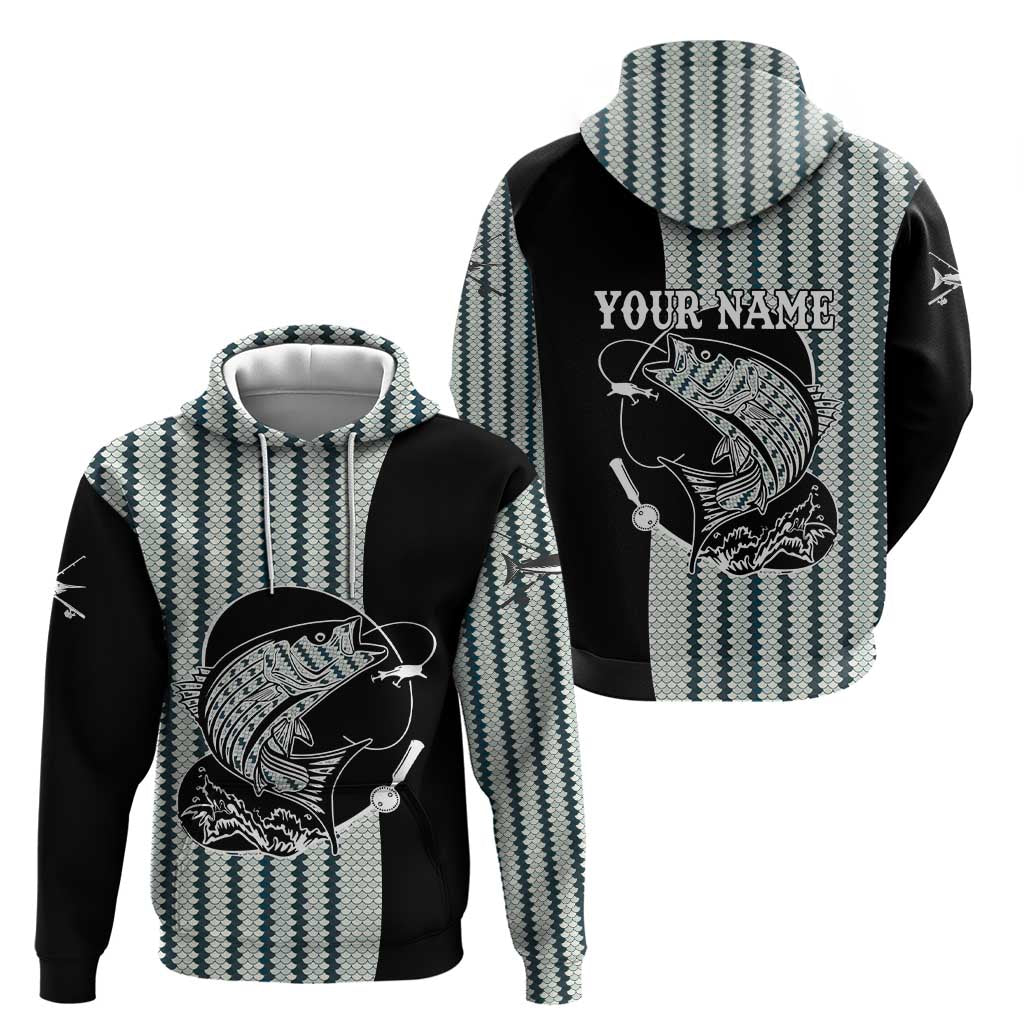 Striped Bass Jumping Graphic Zip Hoodie Rod Reel and Airplane on Fish Scale Pattern - Wonder Print Shop