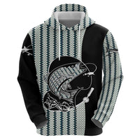 Striped Bass Jumping Graphic Zip Hoodie Rod Reel and Airplane on Fish Scale Pattern - Wonder Print Shop