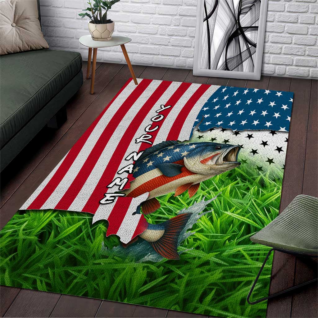 American Flag Bass Fishing Design Area Rug with Largemouth Bass and Green Grass Background - Wonder Print Shop